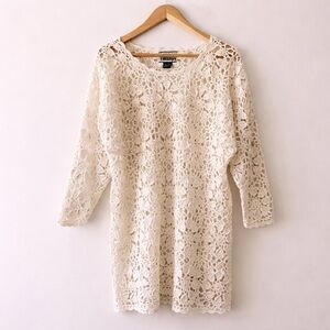 Vintage Forenza Cream Crochet Open Knit Sweater Dress | Boho Lace 90s Size L